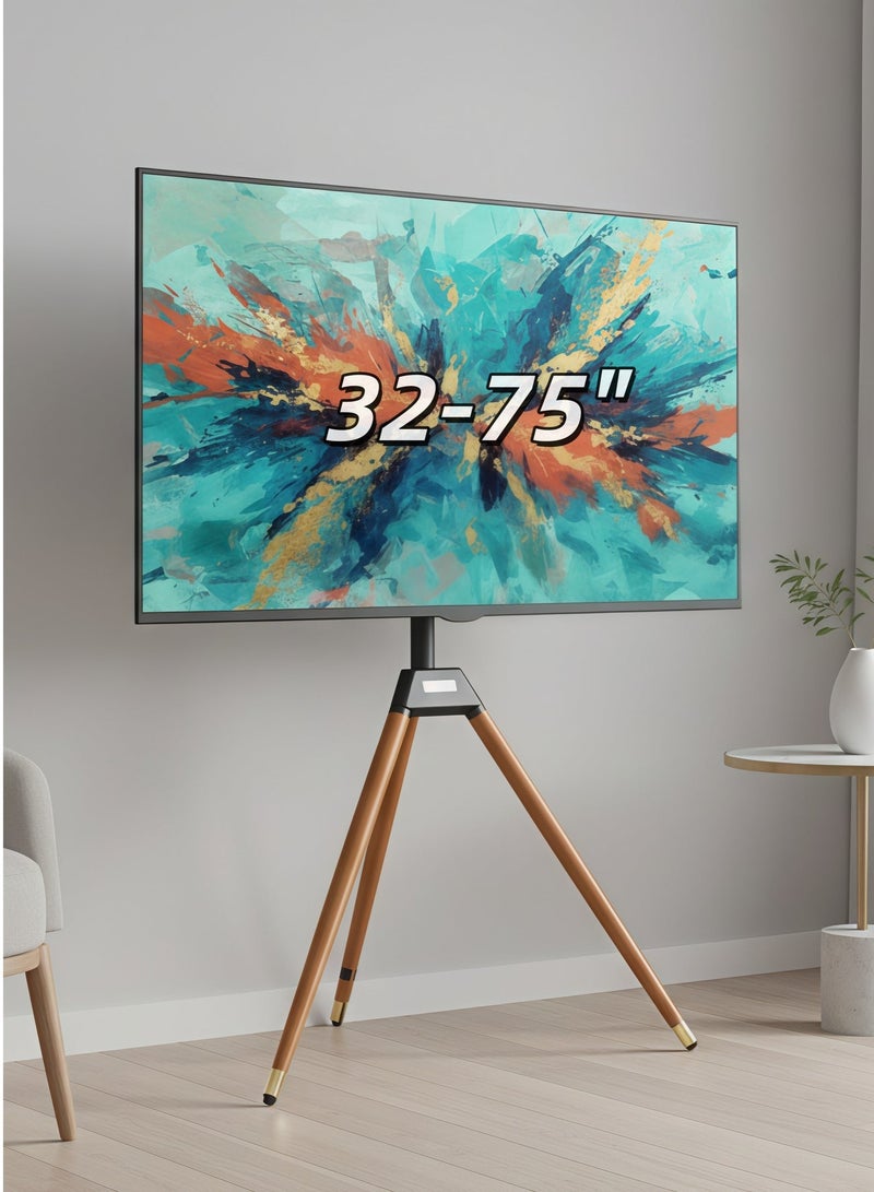 فلاشهوك حامل ثلاثي خشبي حامل شاشة تلفزيون مناسب لشاشات من ٣٢ إلى ٧٥ بوصة | حامل شاشة أرضي قابل للتعديل | دوران ١٨٠ درجة مع حبل أمان لغرفة النوم والمعيشة - Image 1